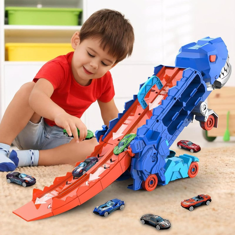 Dinosaur Shaped Transporter Truck With Race Track And Cars